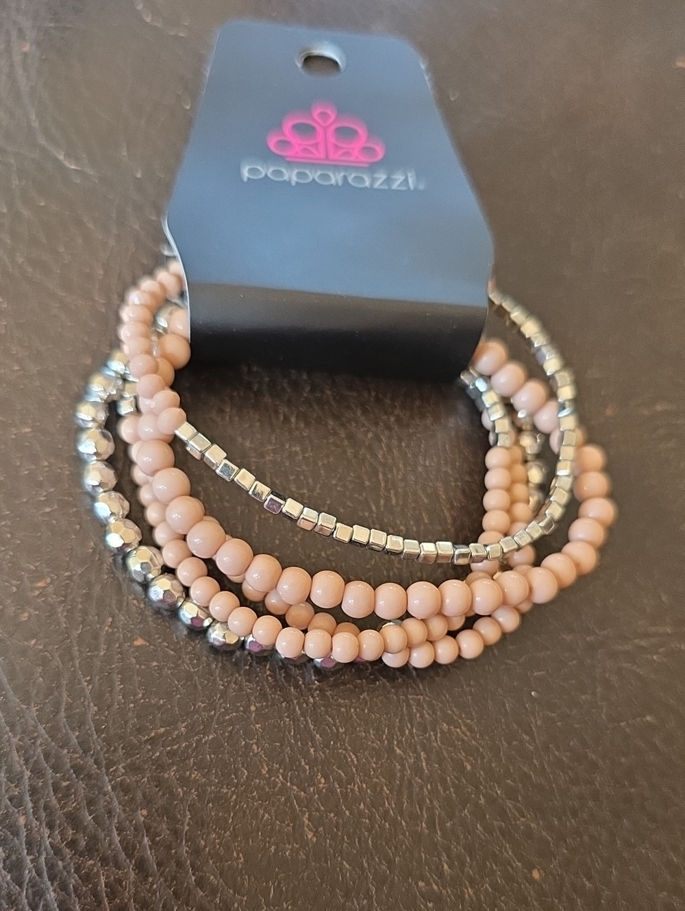 paparazzi Nude and Silver Multi-Strand Beaded Bracelet